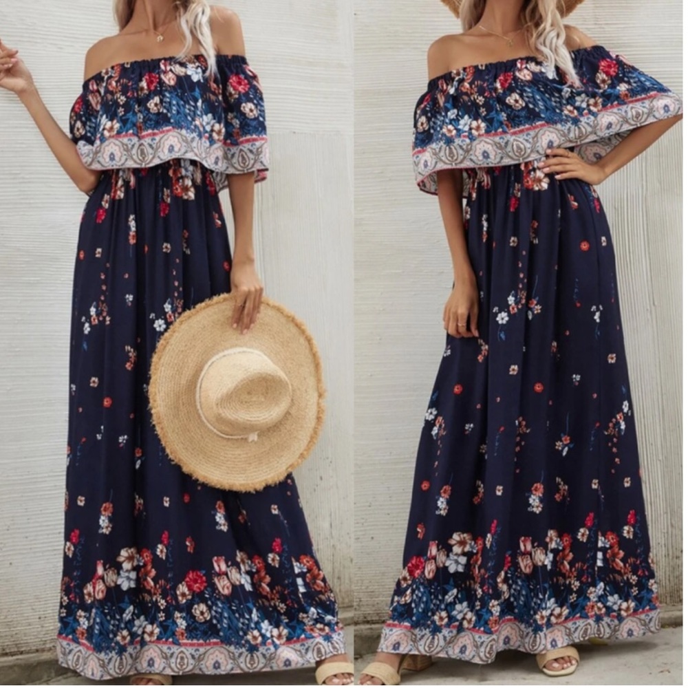 Boho floral print off shoulder maxi dress